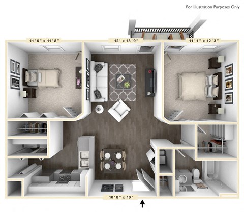 Floor plan for 2 beds, 1 bath, 872 sqft